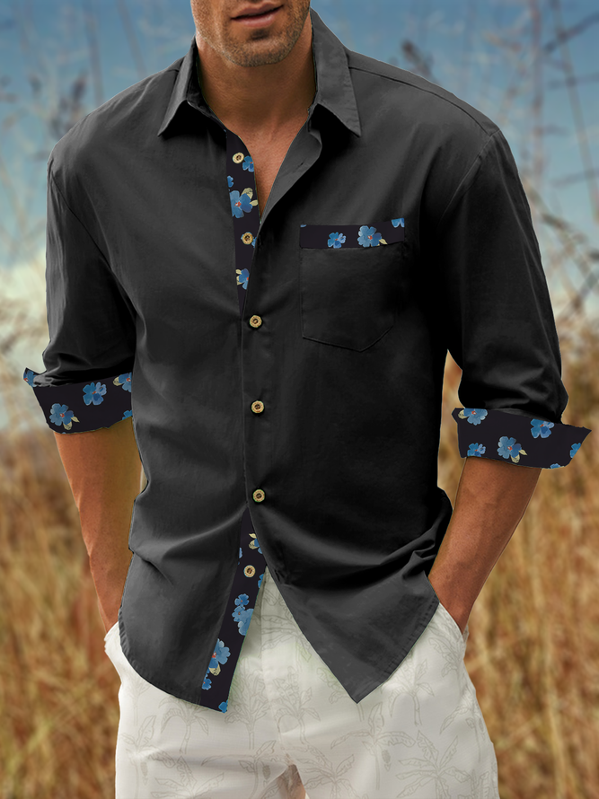 Cotton Paneled Floral Chest Pocket Long Sleeve Casual Shirt