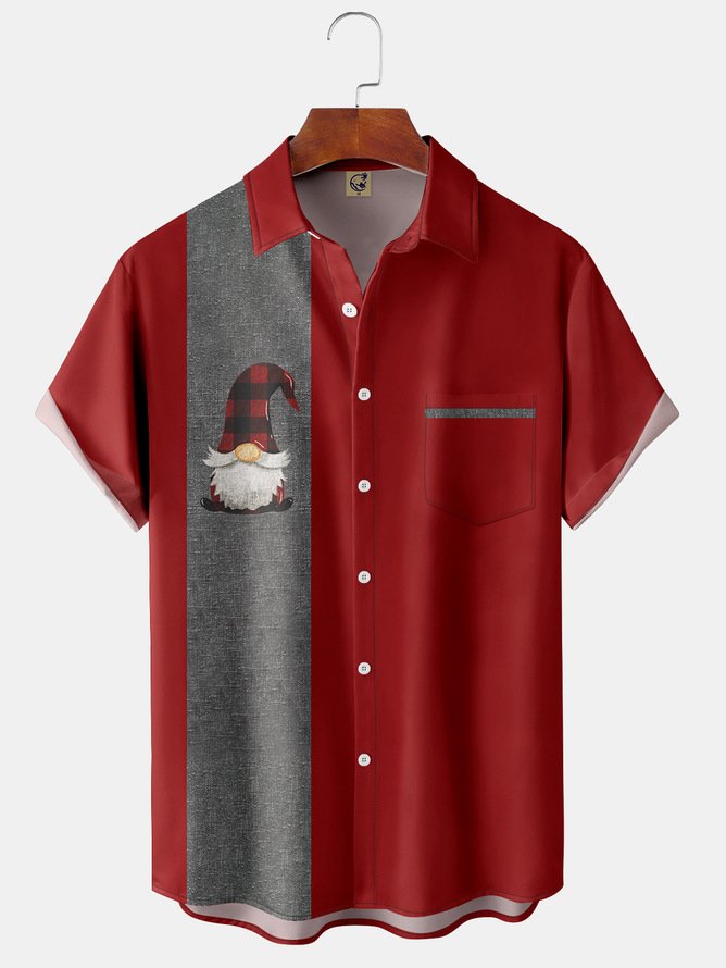 Big Size Christmas Gnome Chest Pocket Short Sleeve Bowling Shirt