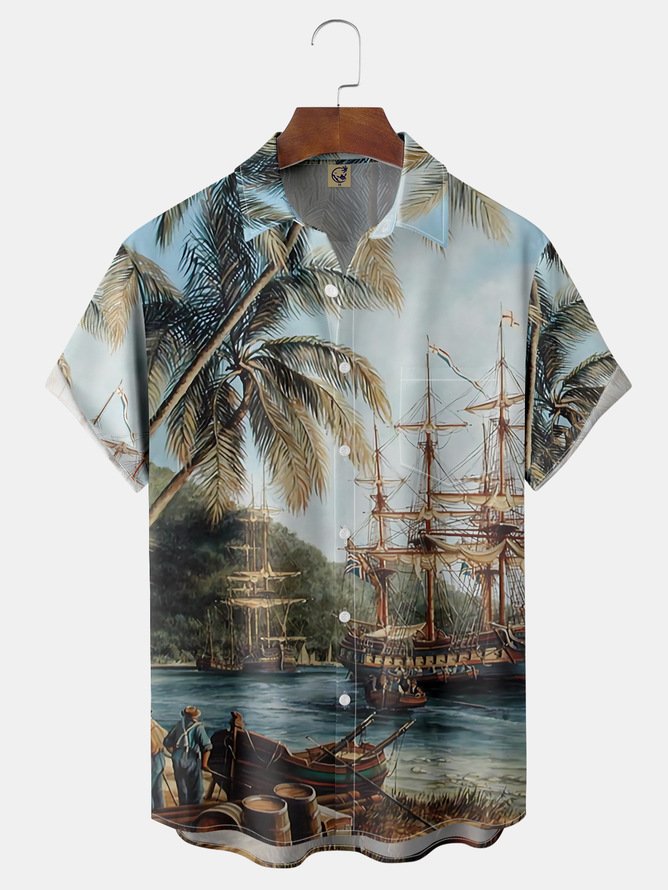 Big Size  Coconut Tree Chest Pocket Short Sleeve Hawaiian Shirt