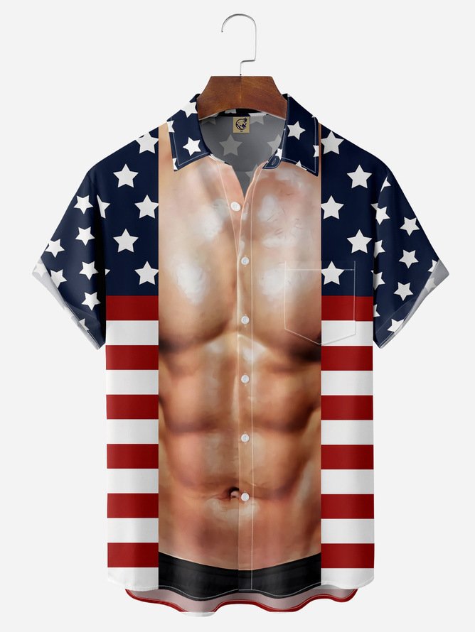 Big Size American Flag Muscle Chest Pocket Short Sleeve Casual Shirt