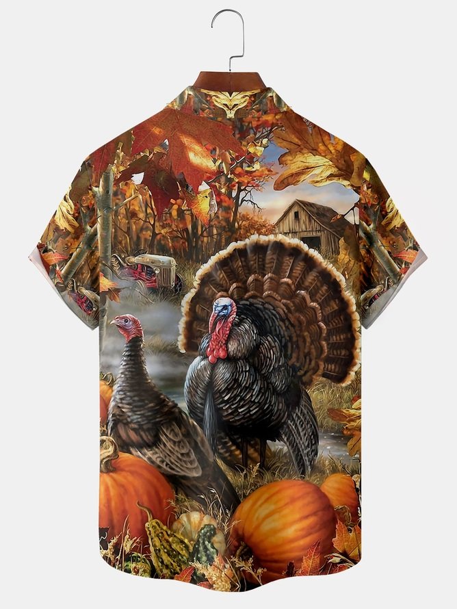 Big Size Thanksgiving Turkey Chest Pocket Short Sleeve Hawaiian Shirt