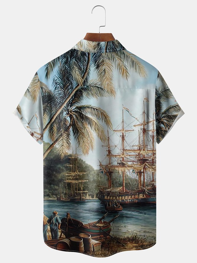Big Size  Coconut Tree Chest Pocket Short Sleeve Hawaiian Shirt