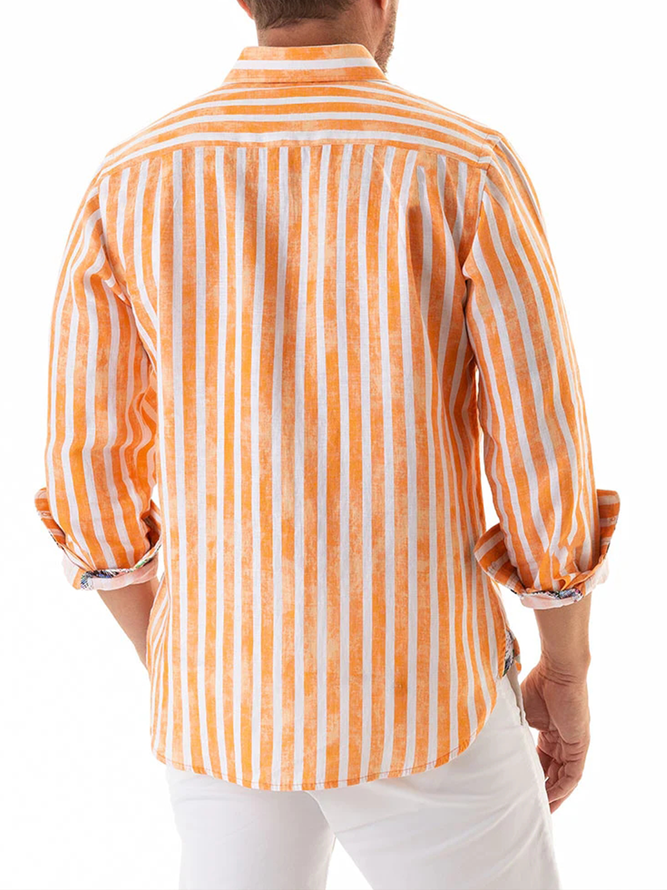 Striped Stitching Contrasting Plant Flowers Long Sleeve Casual Shirt