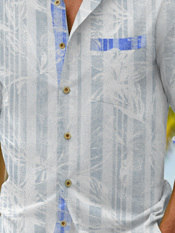 Color Block Tropical Chest Pocket Long Sleeve Casual Shirt