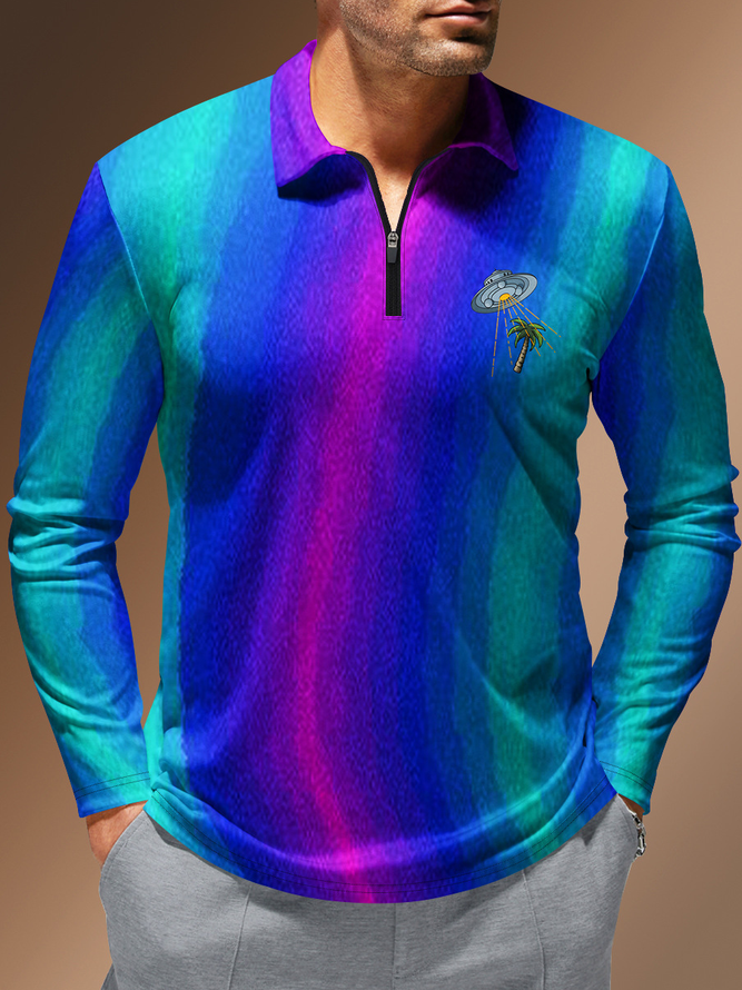 Geometry Spaceship Coconut Tree Zipper Long Sleeve Casual Polo Shirt