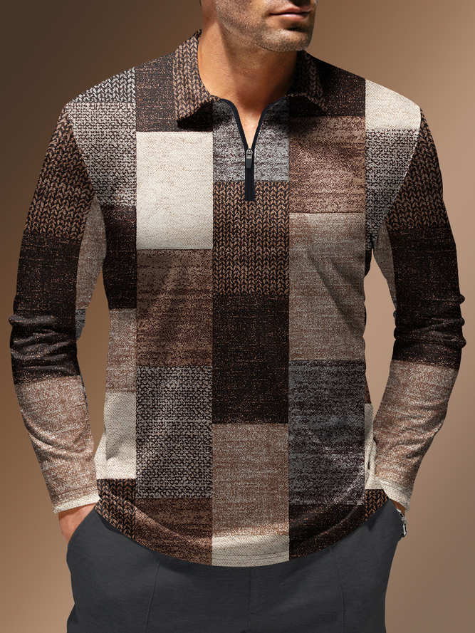 Knit Textured Zipper Long Sleeves Casual Polo Shirt