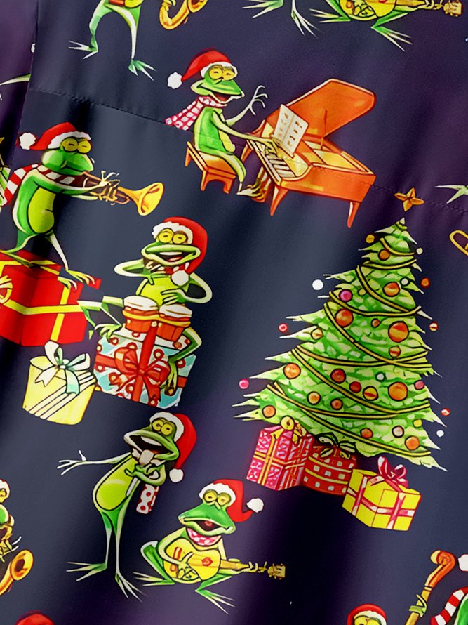 Christmas Frog Chest Pocket Short Sleeve Casual Shirt