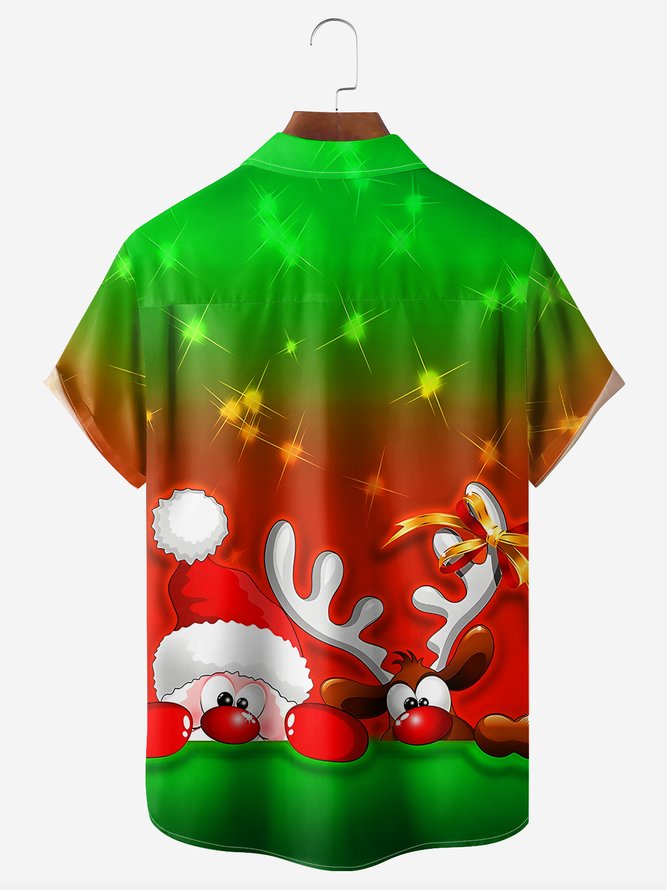Santa Claus Christmas Deer Chest Pocket Short Sleeve Hawaiian Shirt