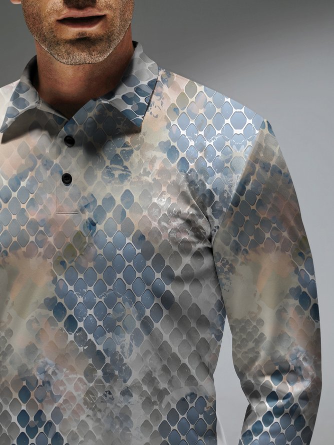 Geometric Button Long Sleeve Casual Polo Shirt