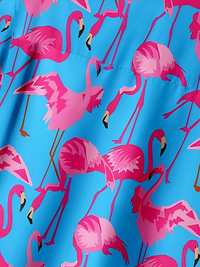 Tropical Animal Flamingo Chest Pocket Short Sleeve Hawaiian Shirt
