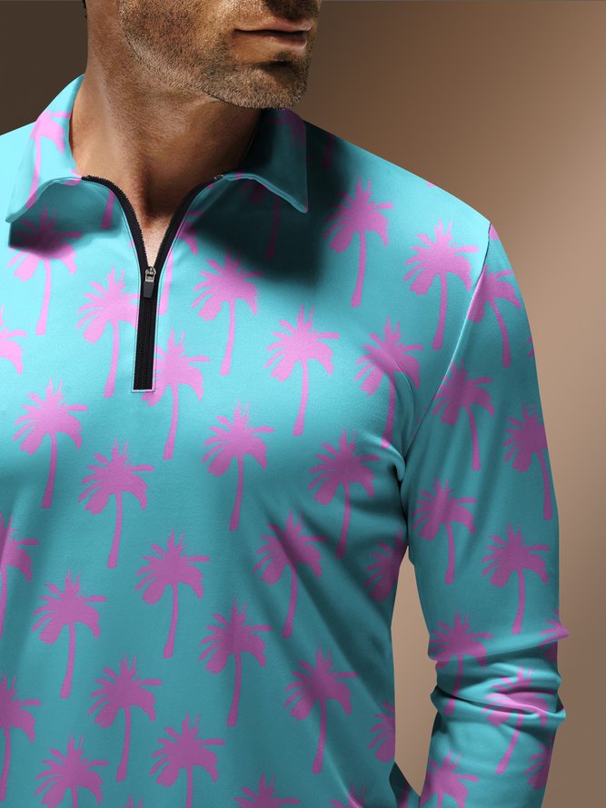 Coconut Tree Zipper Long Sleeve Vacation Polo Shirt