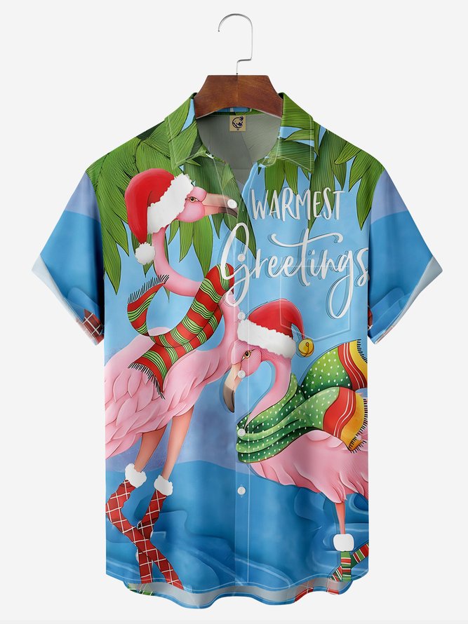 Christmas Flamingo Chest Pocket Short Sleeve Casual Shirt