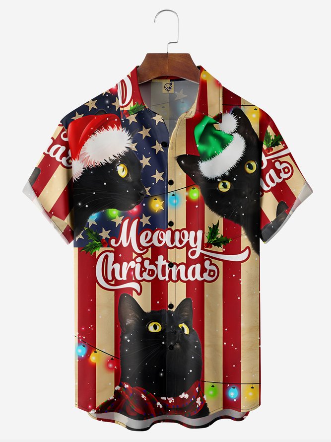 American Flag Black Cat Christmas Chest Pocket Short Sleeve Hawaiian Shirt