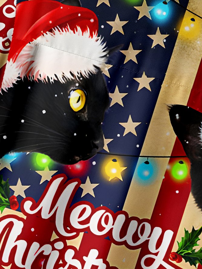 American Flag Black Cat Christmas Chest Pocket Short Sleeve Hawaiian Shirt