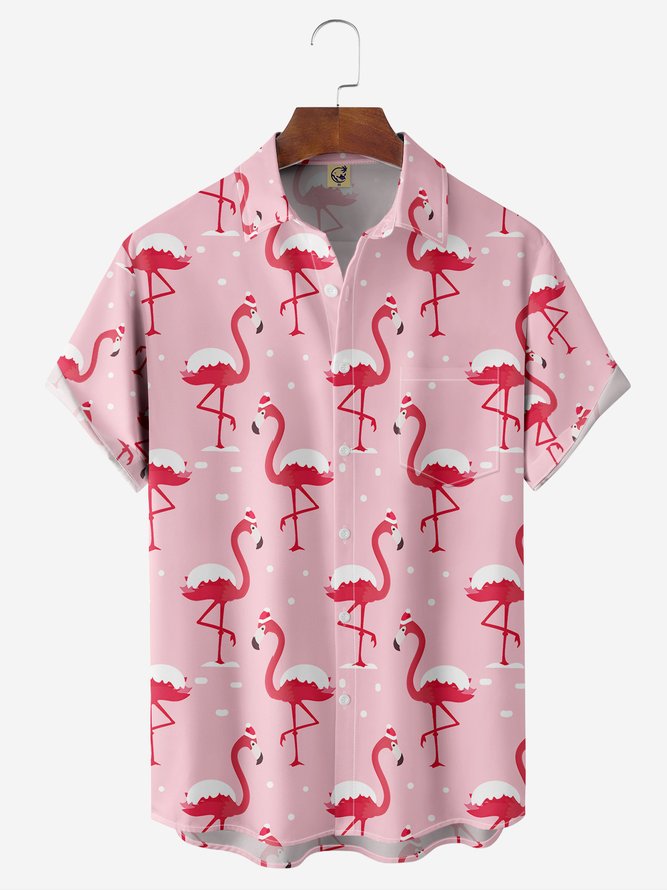 Christmas Flamingo Chest Pocket Short Sleeve Vacation Shirt