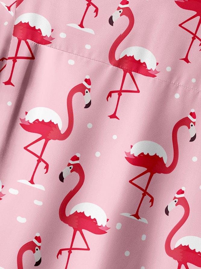 Christmas Flamingo Chest Pocket Short Sleeve Vacation Shirt