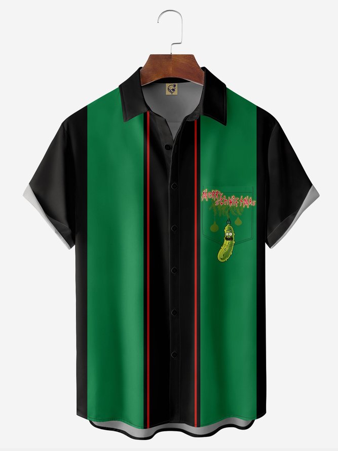 Christmas Fun Pickle Chest Pocket Short Sleeve Bowling Shirt