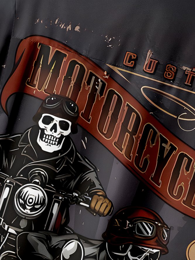 Motorcycle Skull Chest Pocket Short Sleeve Casual Shirt