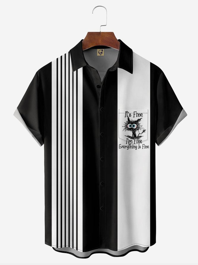 Funny Black Cat Chest Pocket Short Sleeve Bowling Shirt