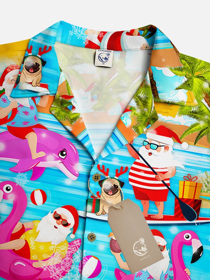 Santa Flamingo Beach Short Sleeve Aloha Shirt