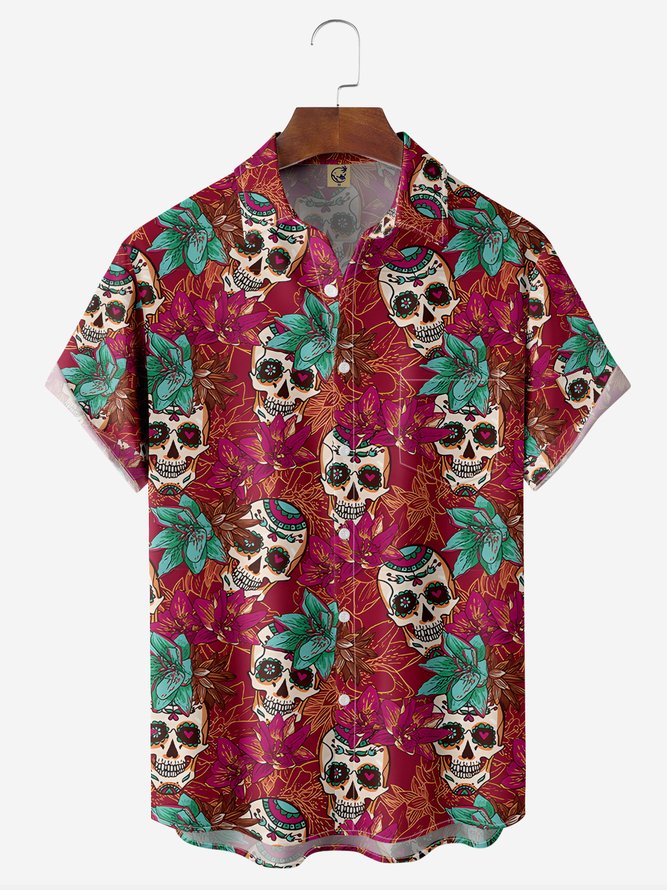 Day of the Dead Skull Chest Pocket Short Sleeve Hawaiian Shirt