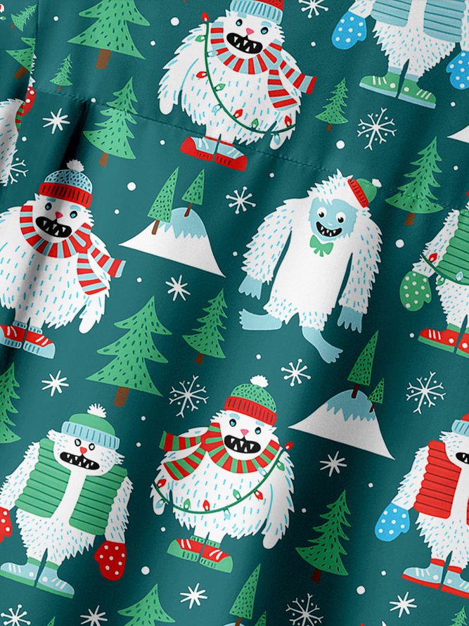 Christmas Snow Monster Chest Pocket Short Sleeve Hawaiian Shirt