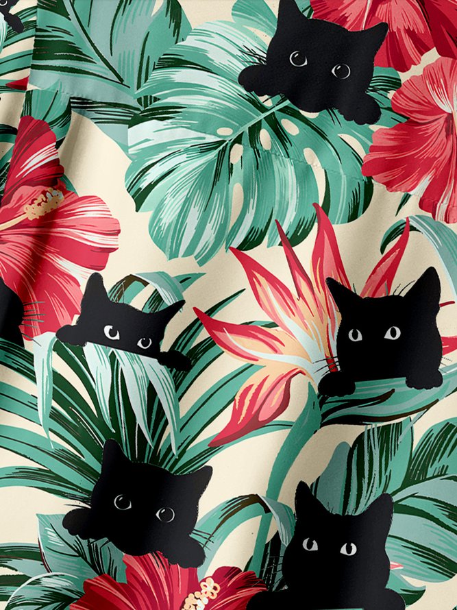 Funny Black Cat Chest Pocket Short Sleeve Hawaiian Shirt