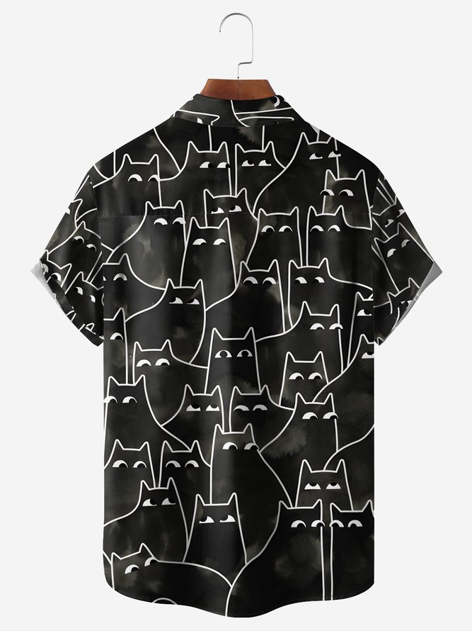 Funny Black Cat Chest Pocket Short Sleeve Hawaiian Shirt