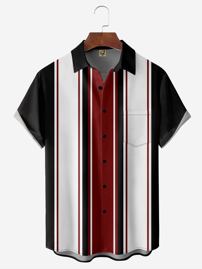 Geometric Striped Chest Pocket Short Sleeve Bowling Shirt