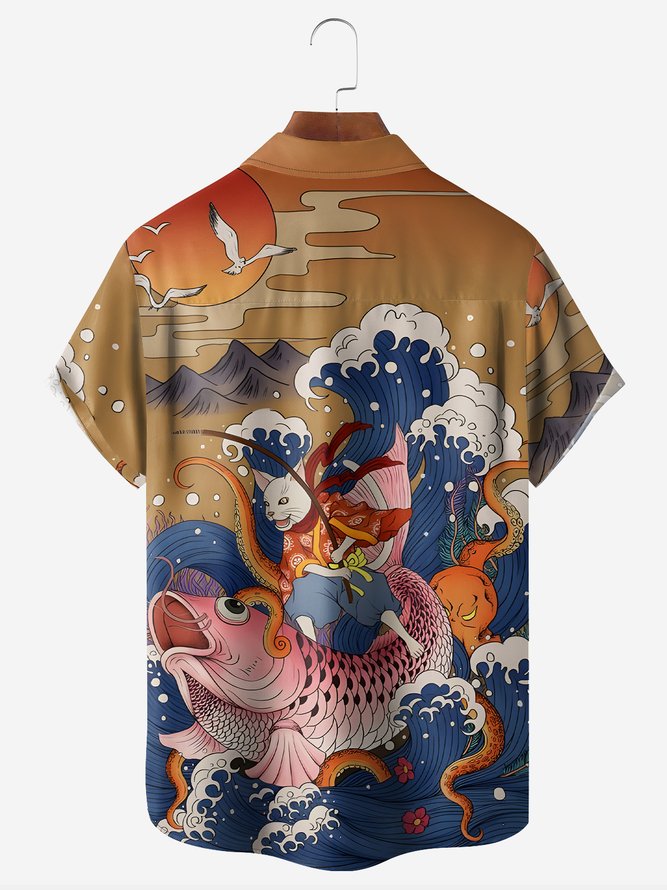 Japanese Ukiyoe Cat Chest Pocket Short Sleeve Hawaiian Shirt