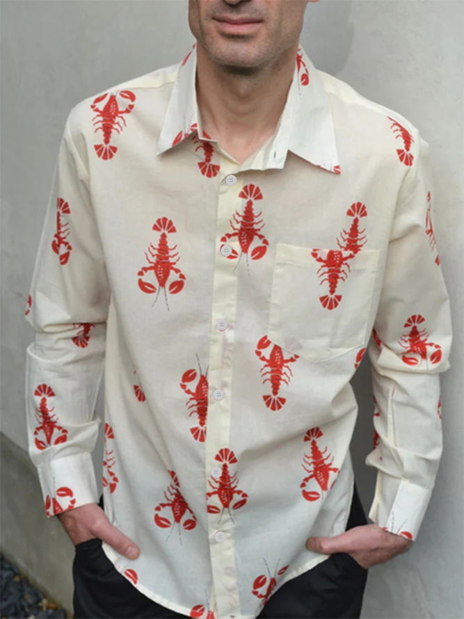 Lobster Print Chest Pocket Long Sleeve Casual Shirt