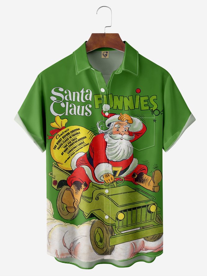 Retro Santa Claus Poster Chest Pocket Short Sleeve Vacation Shirt
