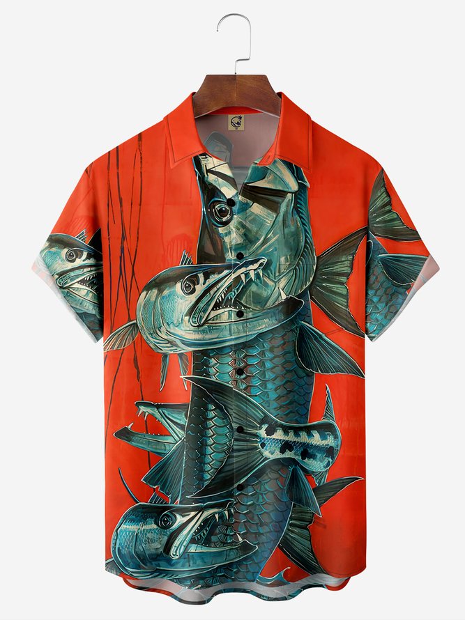 Fish Chest Pocket Short Sleeve Hawaiian Shirt
