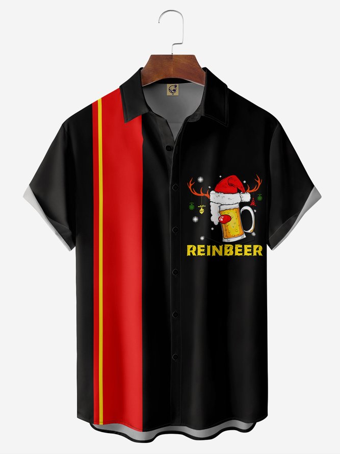 Christmas Deer Beer Chest Pocket Short Sleeve Bowling Shirt