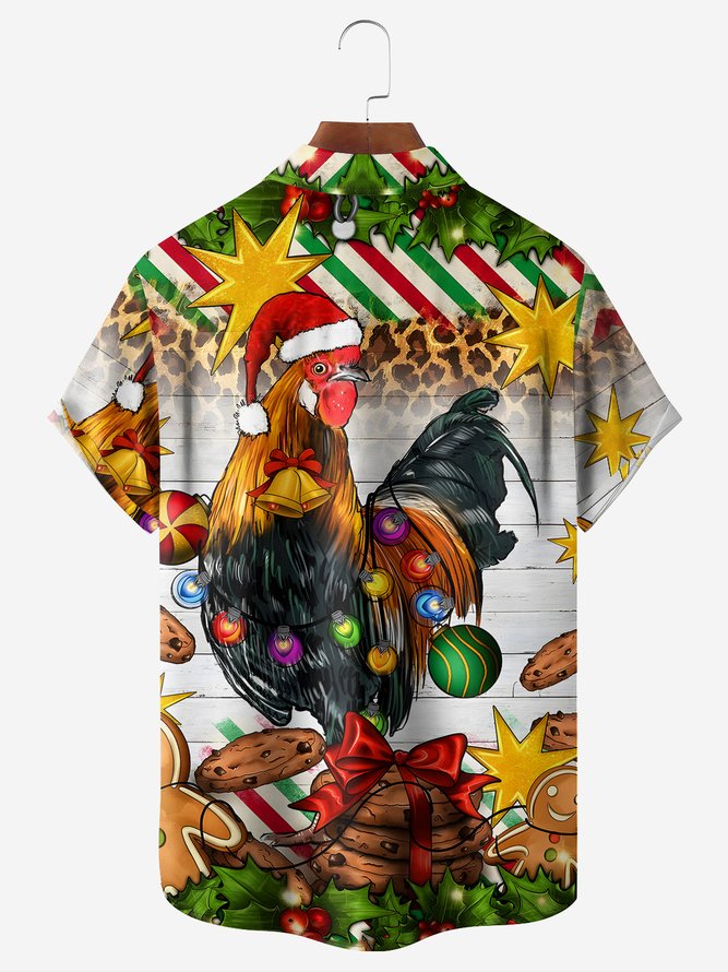 Christmas Rooster Chest Pocket Short Sleeve Hawaii Shirt