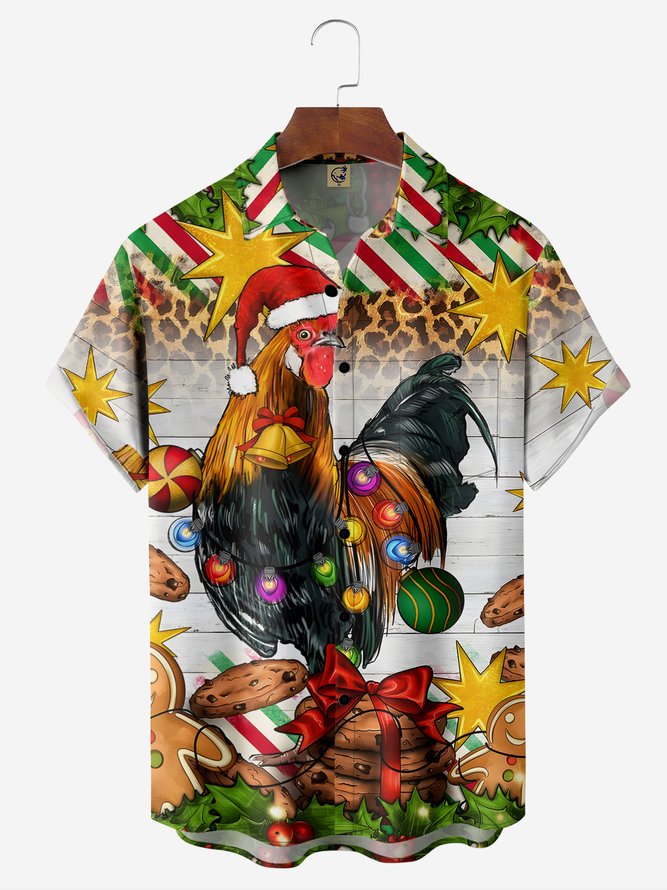 Christmas Rooster Chest Pocket Short Sleeve Hawaii Shirt