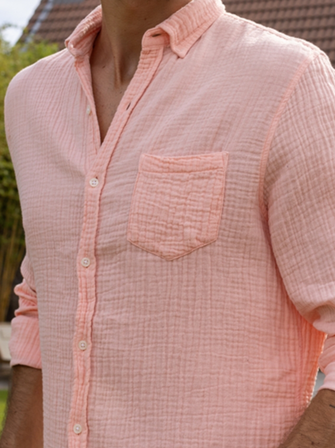 Cotton Plain Chest Pocket Long Sleeve Casual Shirt