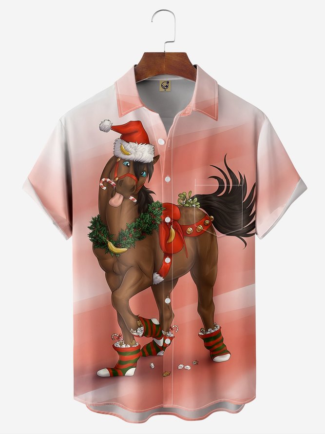Christmas Animal Chest Pocket Short Sleeve Casual Shirt