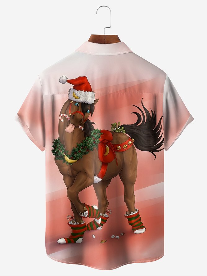 Christmas Animal Chest Pocket Short Sleeve Casual Shirt
