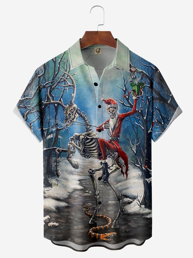 Christmas Skull Knight Chest Pocket Short Sleeve Casual Shirt