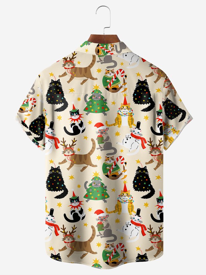 Christmas Cat Print Chest Pocket Short Sleeve Casual Shirt