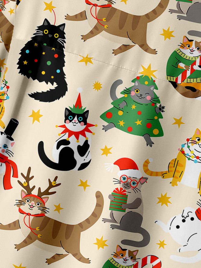 Christmas Cat Print Chest Pocket Short Sleeve Casual Shirt