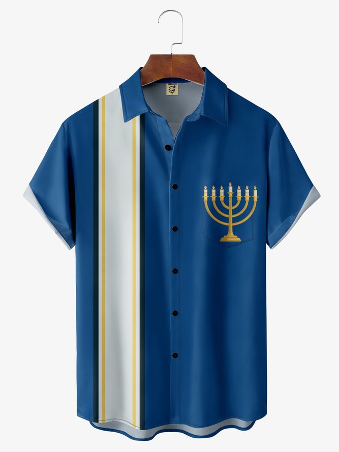 Hanukkah Candle Chest Pocket Short Sleeve Bowling Shirt