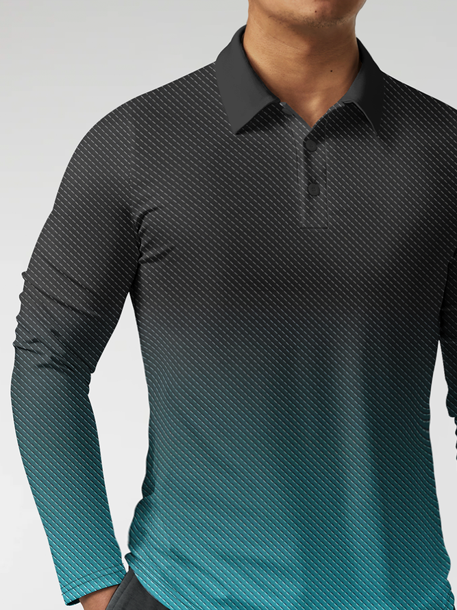 Gradient Geometric Button Long Sleeve Polo Shirt