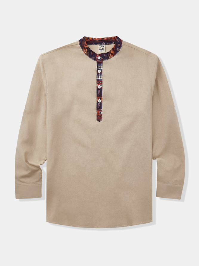 Cotton Plain Stitching Contrast Color Long Sleeve Casual Shirt