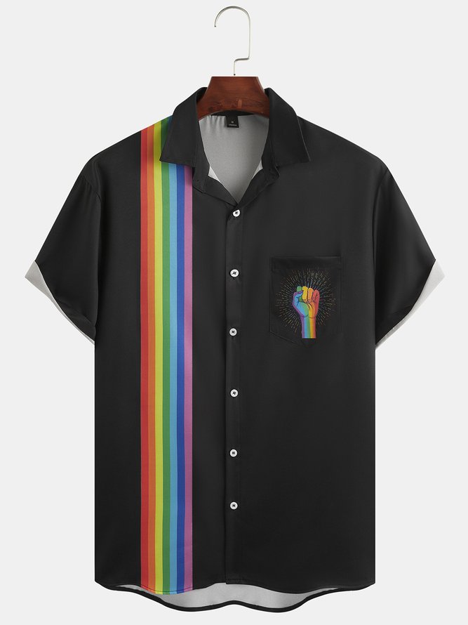 Mens LGBT Colorful Striped Print Lapel Loose Chest Pocket Short Sleeve Funky Hawaiian Shirt