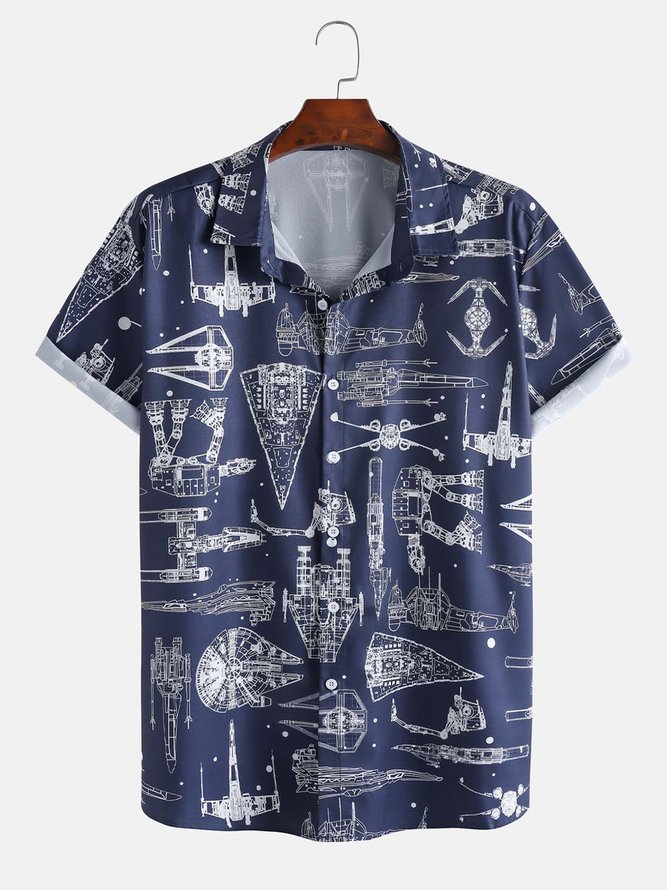 Mens Aerospace Machine Print Casual Breathable Short Sleeve Hawaiian Shirt