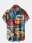 Mens Retro Cars Print Lapel Chest Pocket Short Sleeve Aloha Shirt