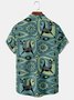 Casual Art Collection Mid-Century Retro Geometric Stripes Color Block Cat Element Pattern Lapel Short Sleeve Chest Pocket Shirt Print Top