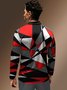 Color Block Geometric Zip Long Sleeves Casual Polo Shirt